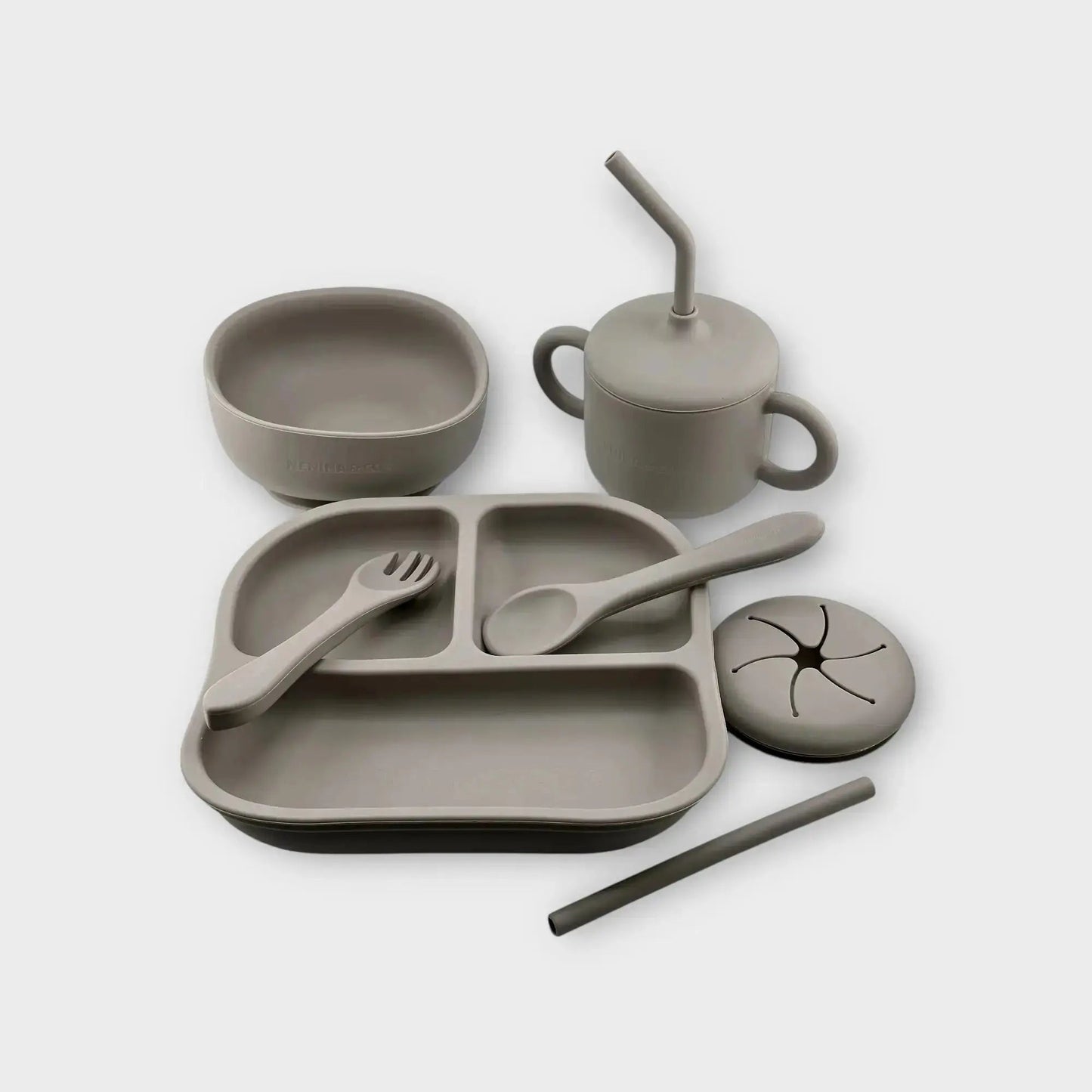 Kit Deluxe Vajilla + Babero BLW Gris 9 Piezas de Silicona orgánica con ventosas Nenina & Co