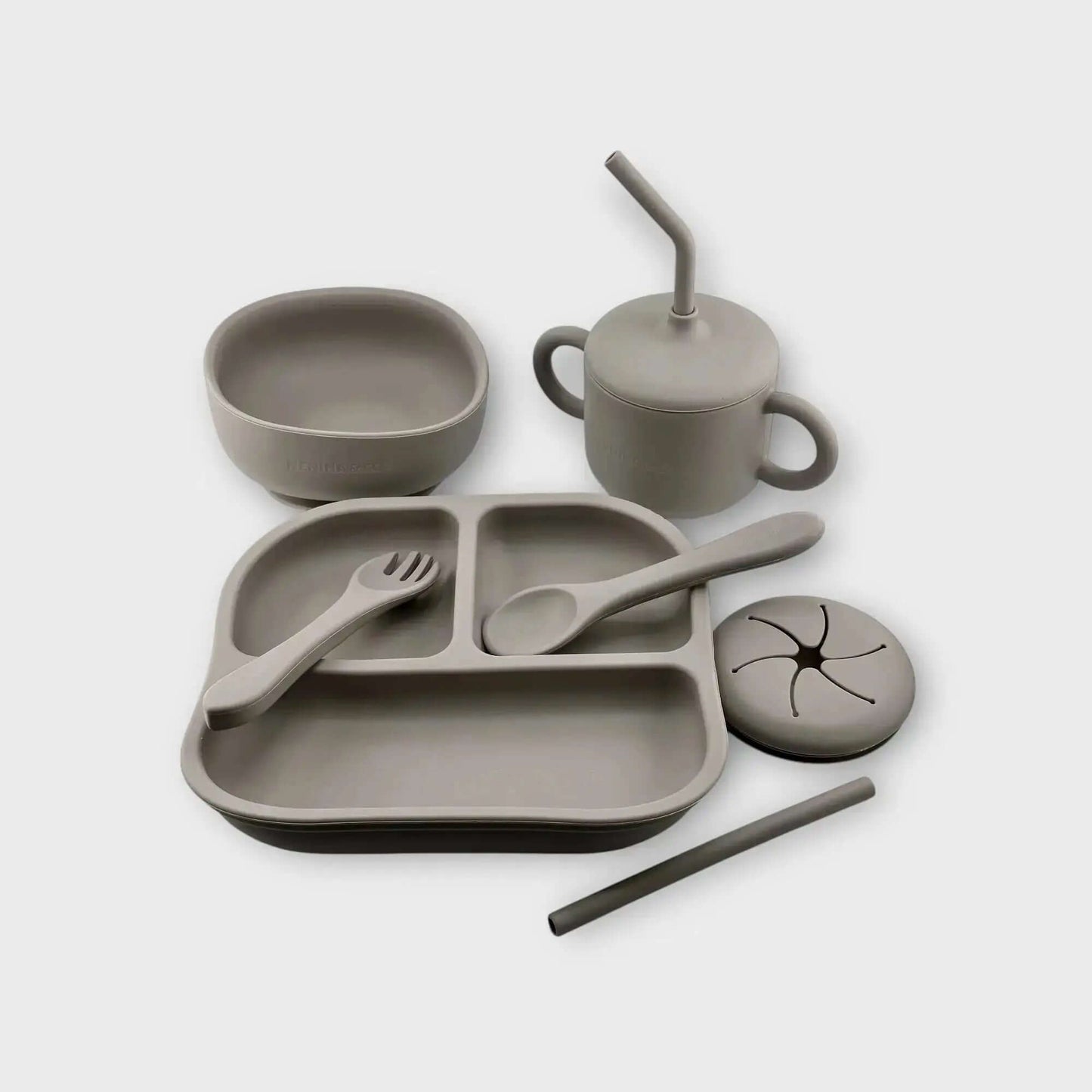 Kit Deluxe Babero + Vajilla BLW Gris 9 Piezas de Silicona orgánica con ventosas Nenina & Co