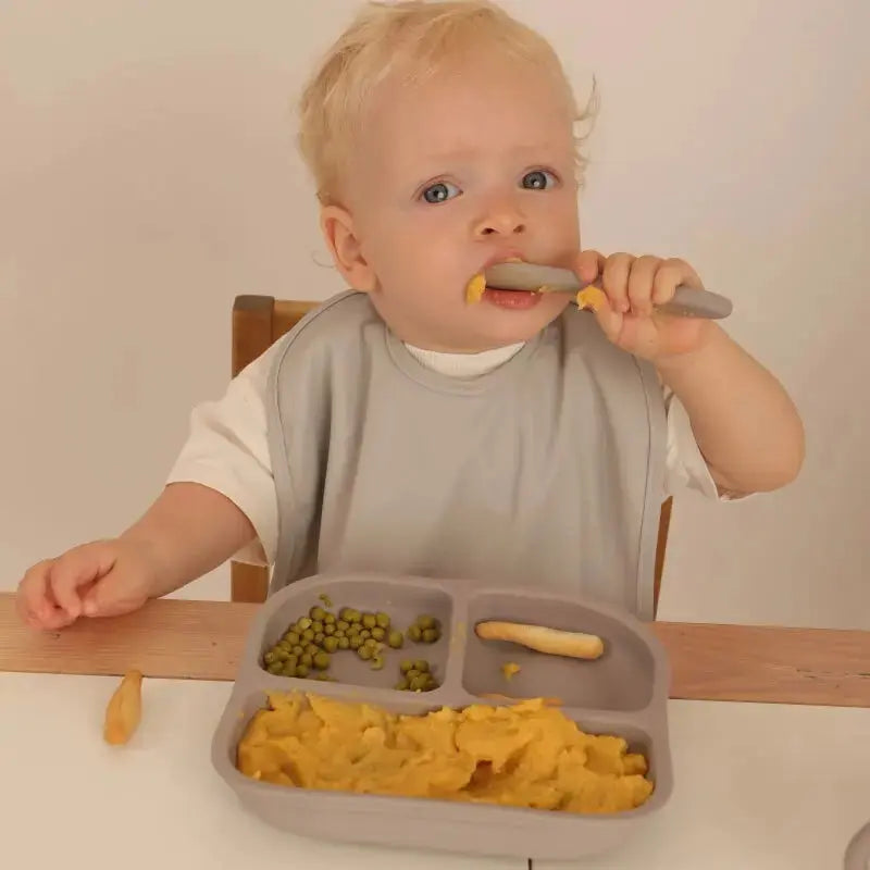 Kit Deluxe Vajilla + Babero BLW Gris 9 Piezas de Silicona orgánica con ventosas Nenina & Co