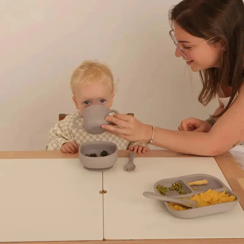 Kit Deluxe Vajilla + Babero BLW Gris 9 Piezas de Silicona orgánica con ventosas Nenina & Co