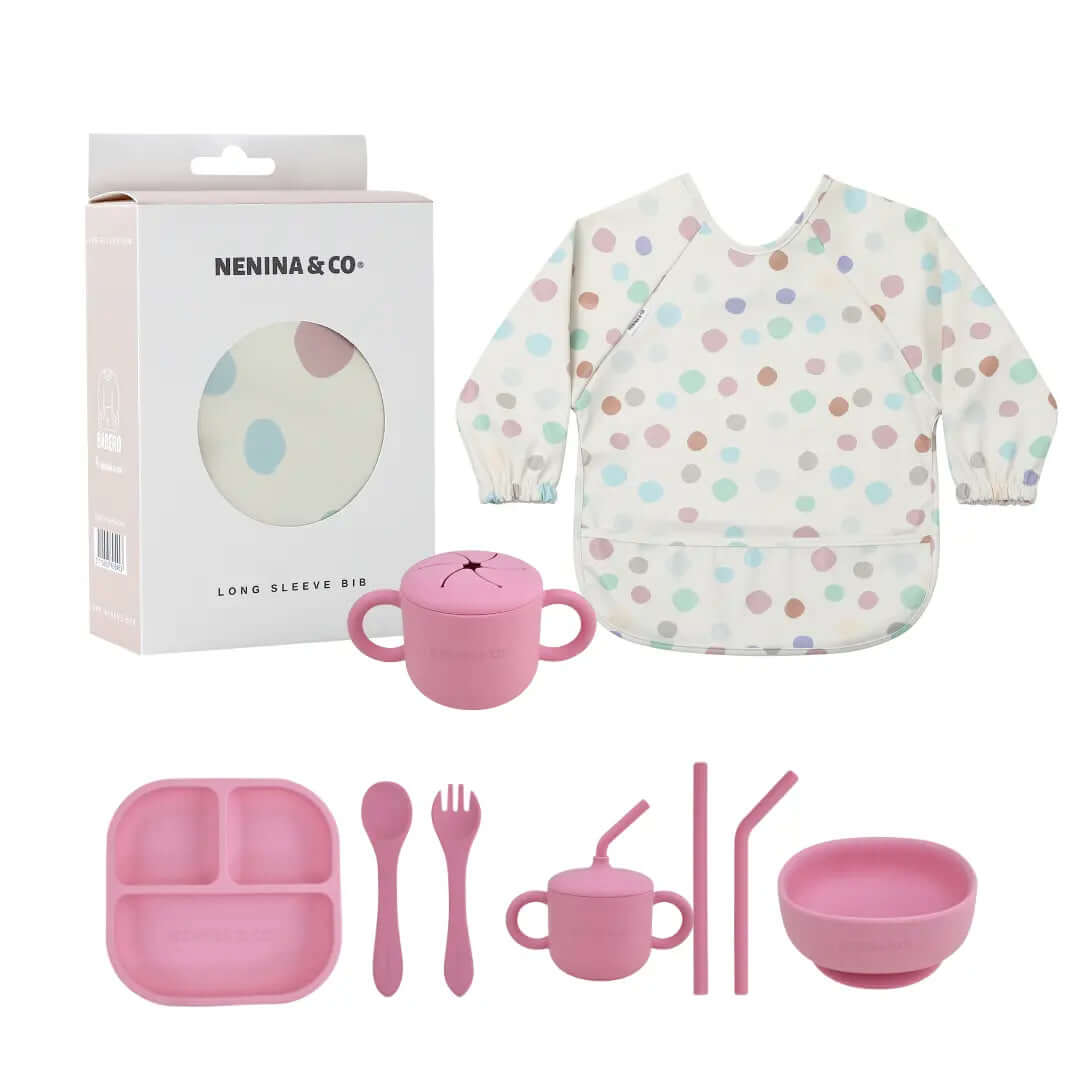 Kit Deluxe Vajilla + Babero BLW Pink 9 Piezas de Silicona orgánica con ventosas Nenina & Co