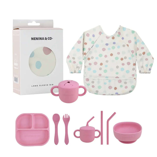 Kit Deluxe Vajilla + Babero BLW Pink 9 Piezas de Silicona orgánica con ventosas Nenina & Co