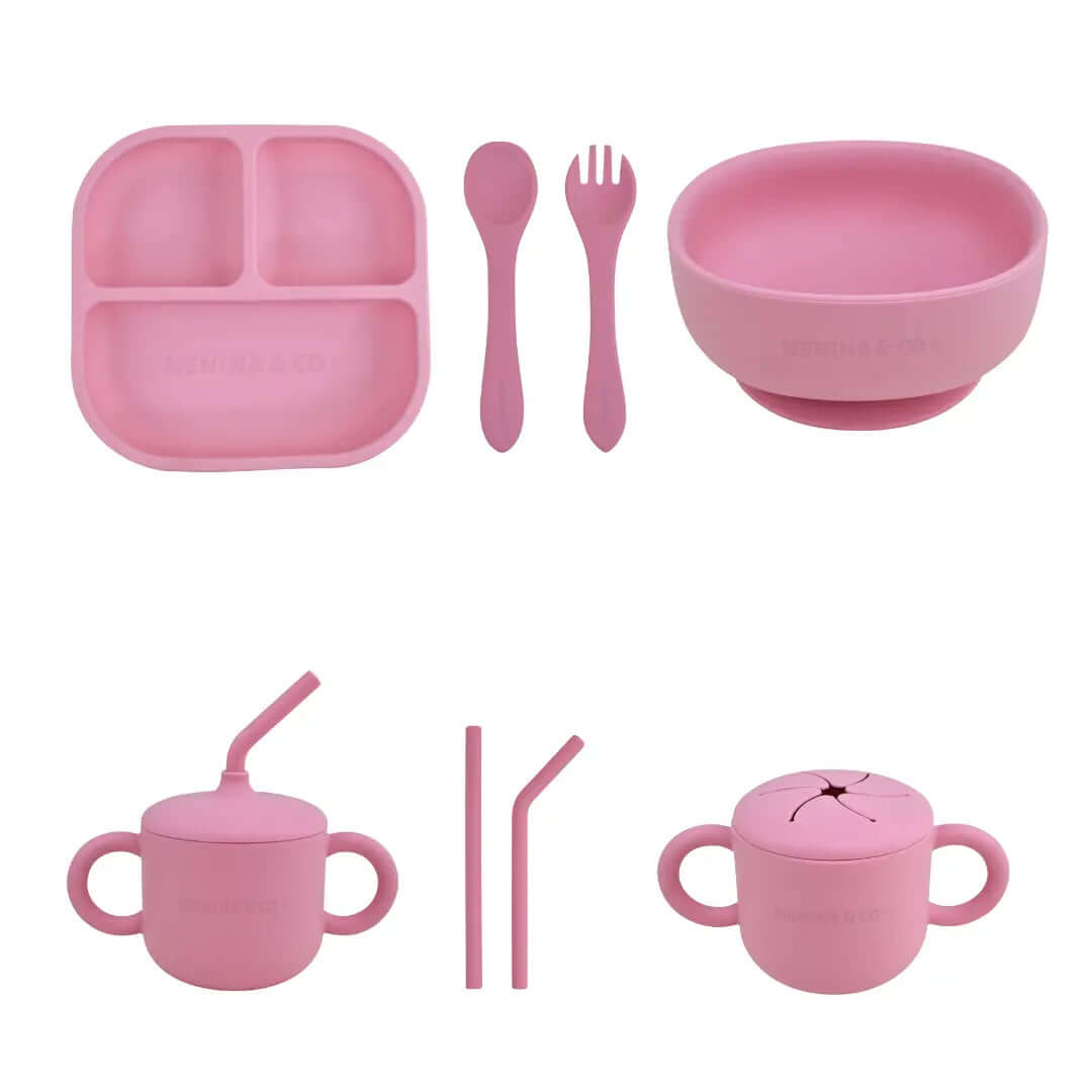 Kit Deluxe Vajilla + Babero BLW Pink 9 Piezas de Silicona orgánica con ventosas Nenina & Co
