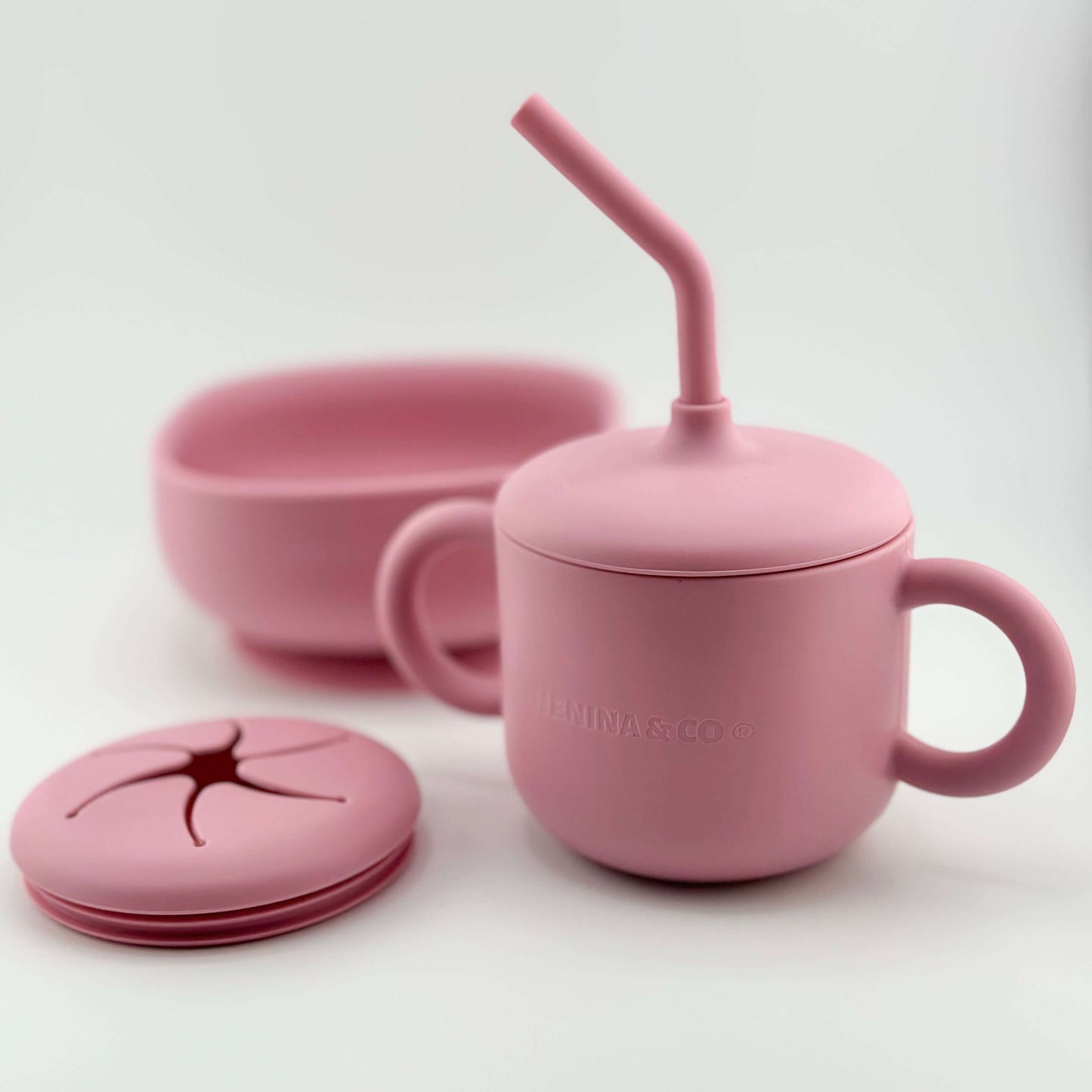 Kit Deluxe Vajilla + Babero BLW Pink 9 Piezas de Silicona orgánica con ventosas Nenina & Co