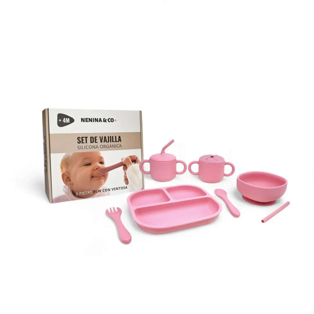 Kit Deluxe Vajilla + Babero BLW Pink 9 Piezas de Silicona orgánica con ventosas Nenina & Co