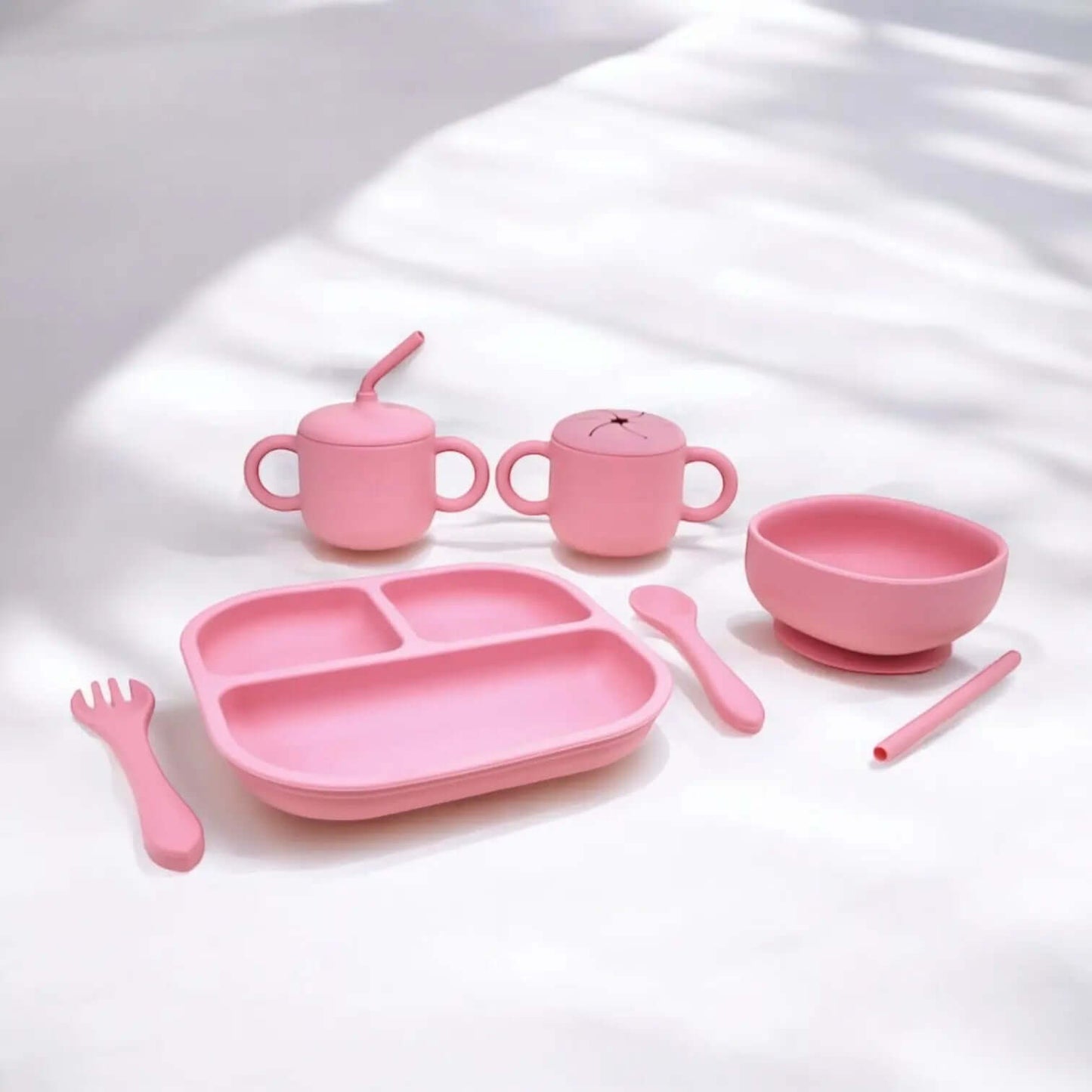 Kit Deluxe Vajilla + Babero BLW Pink 9 Piezas de Silicona orgánica con ventosas Nenina & Co