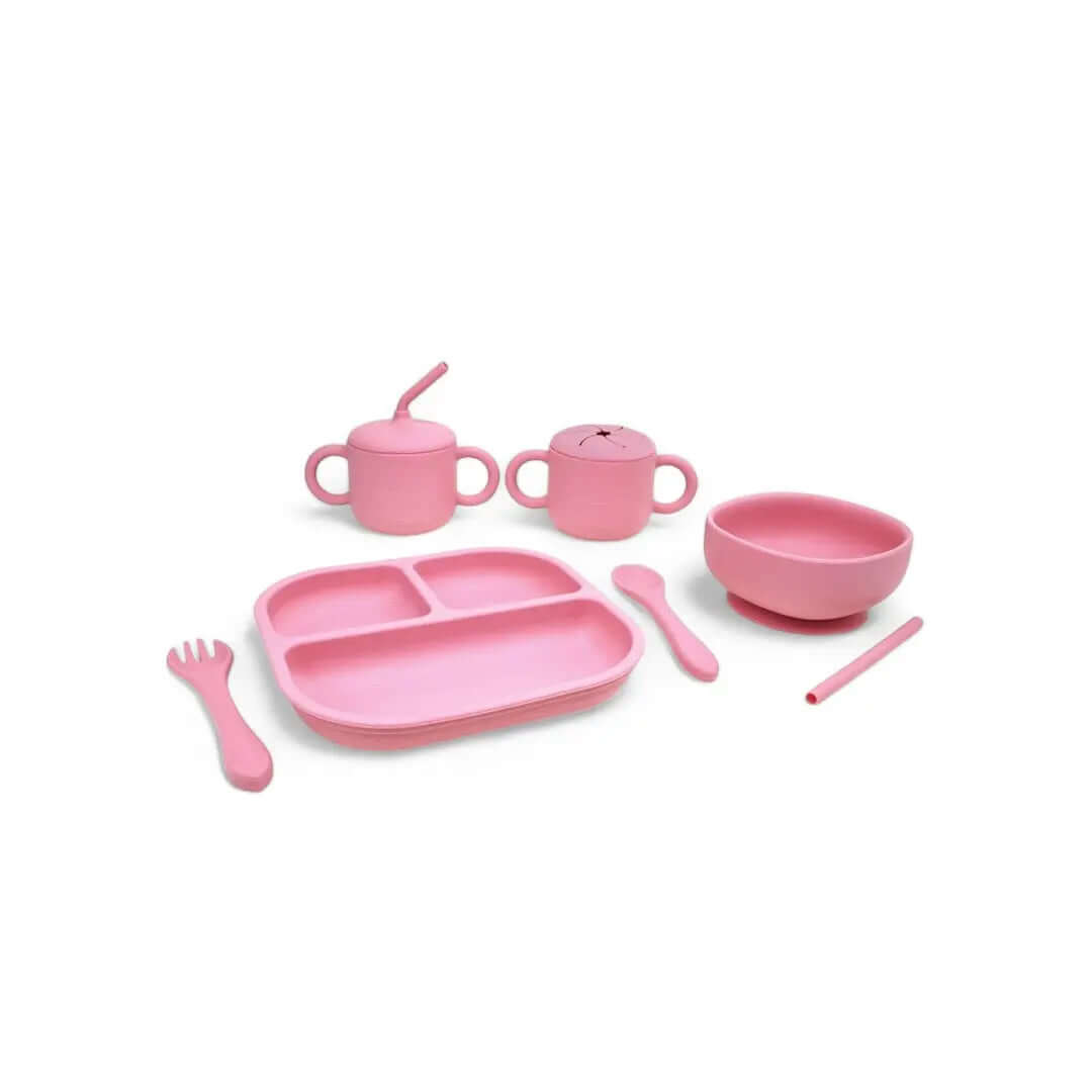 Kit Deluxe Vajilla + Babero BLW Pink 9 Piezas de Silicona orgánica con ventosas Nenina & Co