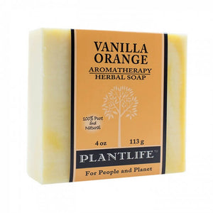 Rectangular Vanilla Orange aromatherapy herbal soap bar wrapped in a yellow label with a tree icon.