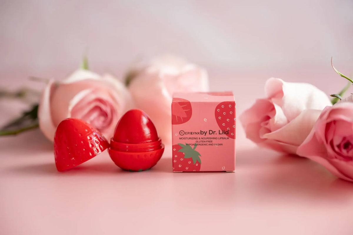Strawberry-shaped red lip balm in its pink box, surrounded by soft pink roses on a matching background.