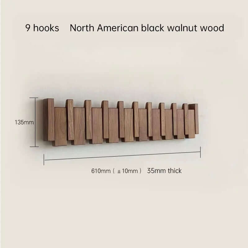 Perchero de pared Verona en madera natural, escandinavo, con 9 ganchos y medidas en milímetros.