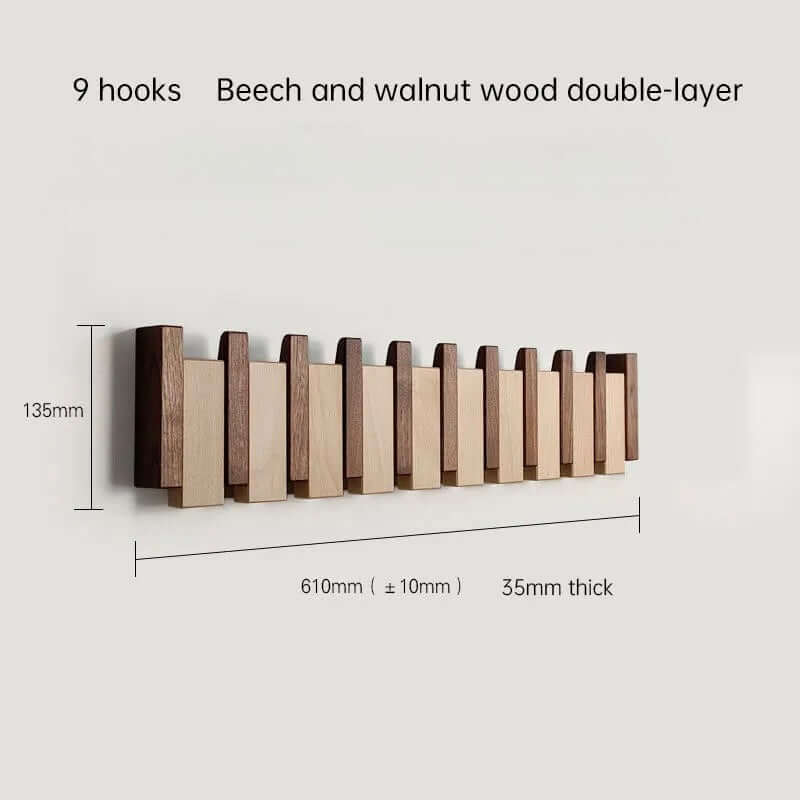 Perchero de pared Verona en madera natural, colgador plegable escandinavo con 9 ganchos.