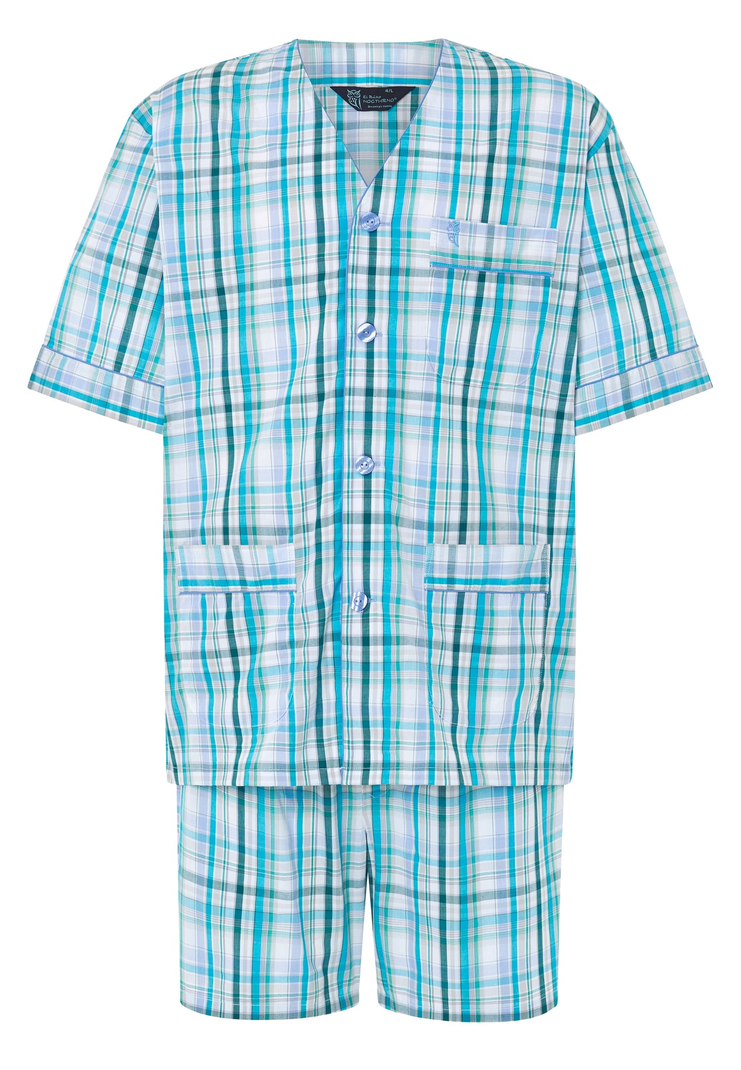 Pijama de cuadros en azul y verde, de algodón, con camisa de botones y pantalones cortos. Estilo cómodo y fresco.