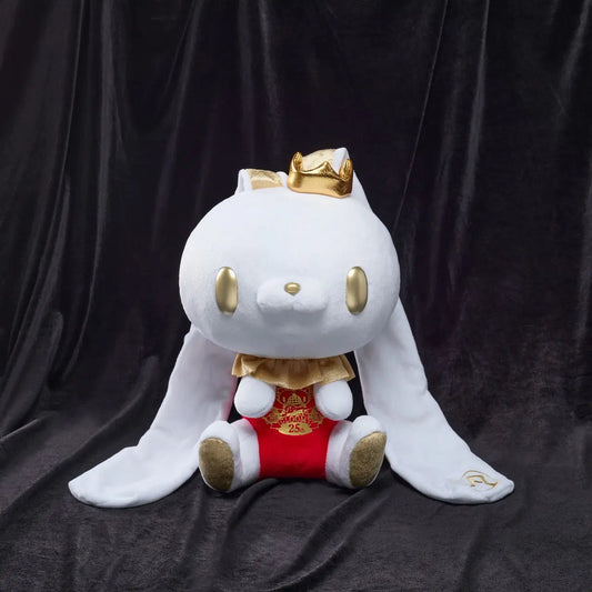 White Chax bunny plush with gold eyes, crown, and accents, wearing a red "Gloomy 25th" chest piece on a black backdrop.