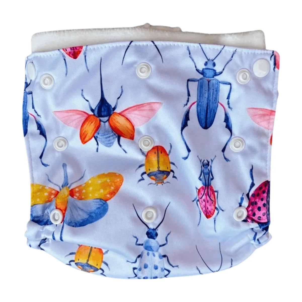 All-in-two diaper cover in white PUL with colorful bug print and white snap buttons, featuring a soft inner lining.