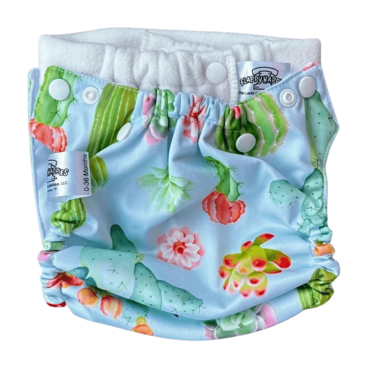 Light blue diaper cover with a cactus and succulent print, white snaps, and white interior lining.