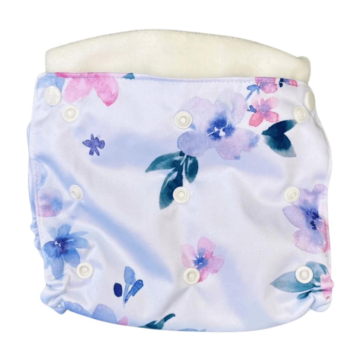 A light blue PUL diaper cover featuring a watercolor floral print with white snaps and a soft white inner liner.