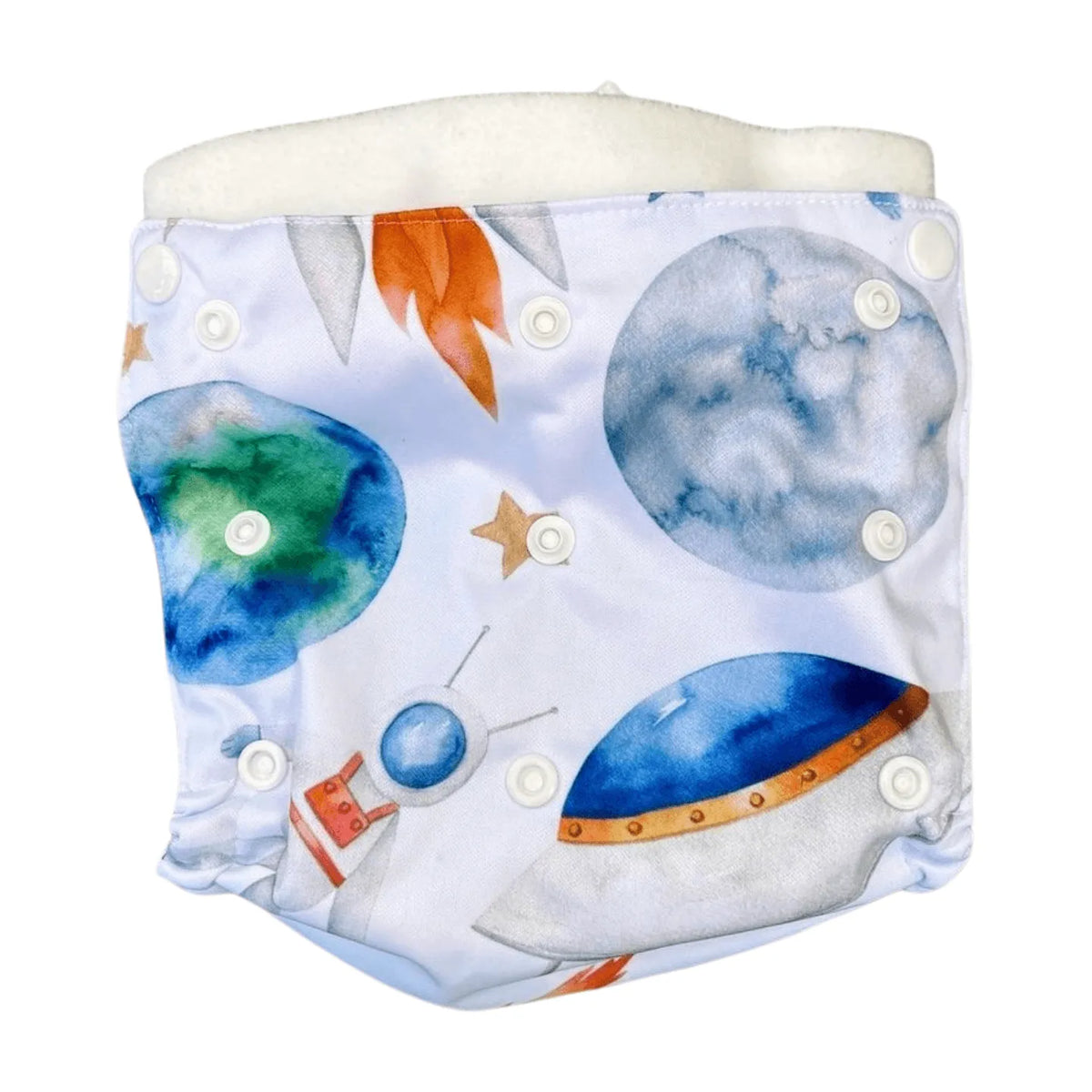 Cloth diaper cover in white PUL with a watercolor space print featuring planets, rockets, and UFOs with snap closures.
