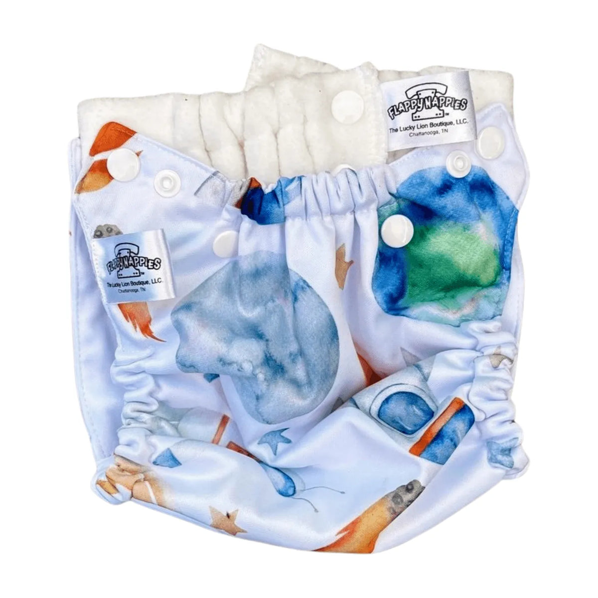 All-in-two diaper cover with space-themed watercolor print, white snaps, and interior lining on a white background.