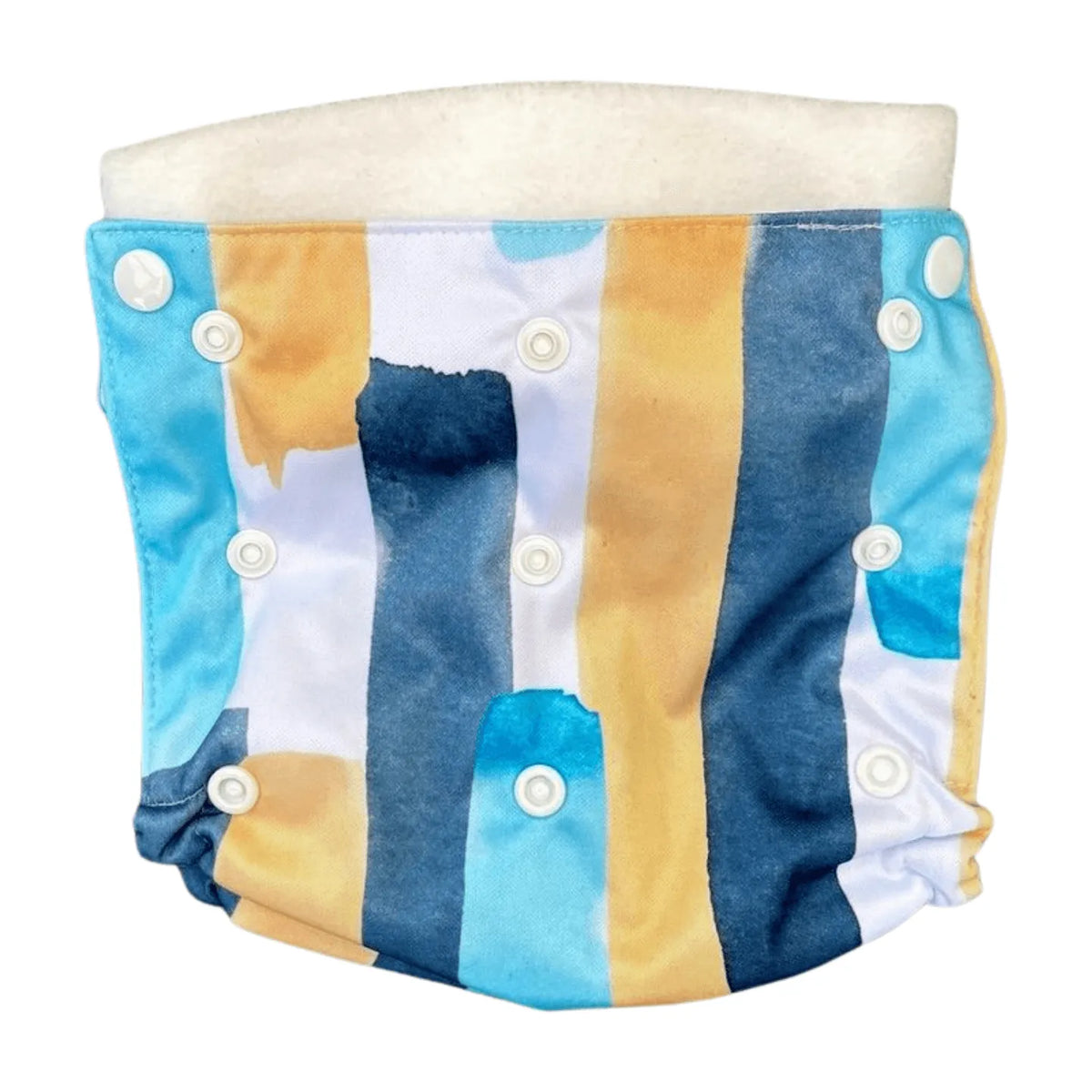 All-in-two diaper cover with blue, gold, and white watercolor stripe print, white snaps, and soft fleece lining.