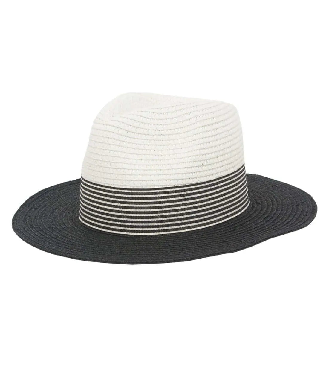 Two-tone straw Panama hat featuring a white crown, a black brim, and a horizontal striped ribbon band.