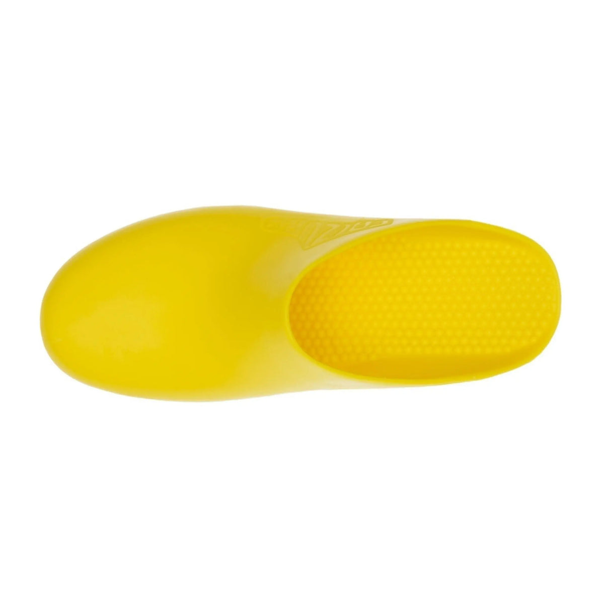Bright yellow slip-on clog with a smooth, hole-free upper and a textured, non-slip interior sole base.