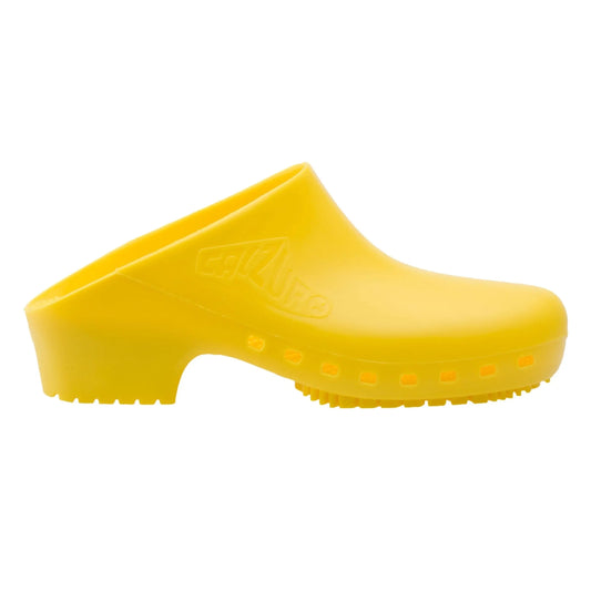 Bright yellow slip-on clog with a solid, hole-free design, a slight heel, and a textured rubber sole.