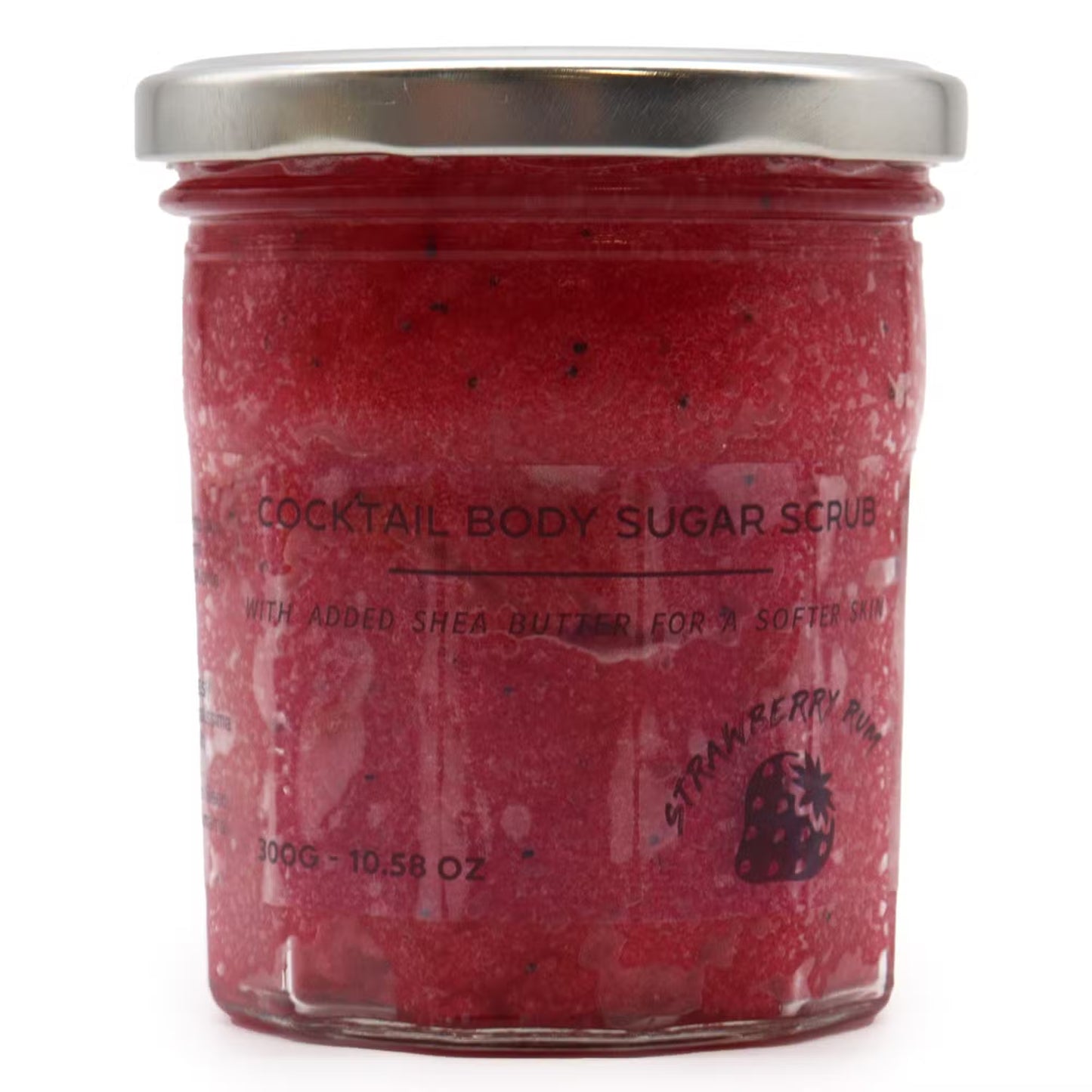 Frasco de vidrio con exfoliante corporal rojo de fresa, tapa metálica plateada y etiqueta informativa de 300g.
