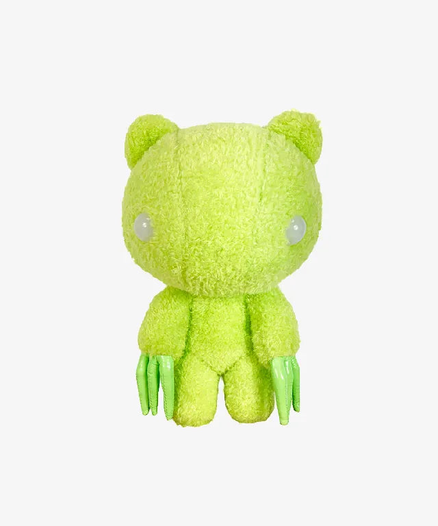 Lime green fuzzy Gloomy Bear plush with long, shiny matching claws and simple, pale circular eyes.