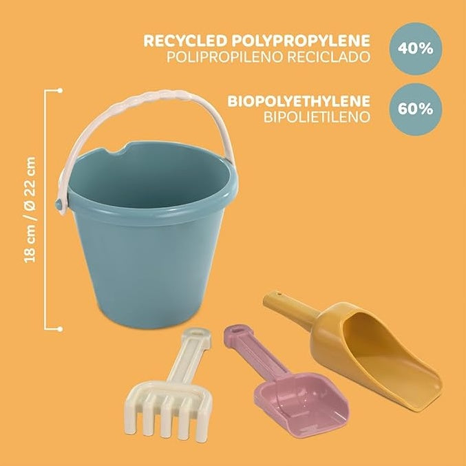 Set de Arena Ecológico: Primer plano detallado de la superficie del cubo, mostrando el acabado mate y suave del 60% de biopolietileno sostenible, ideal para la seguridad infantil