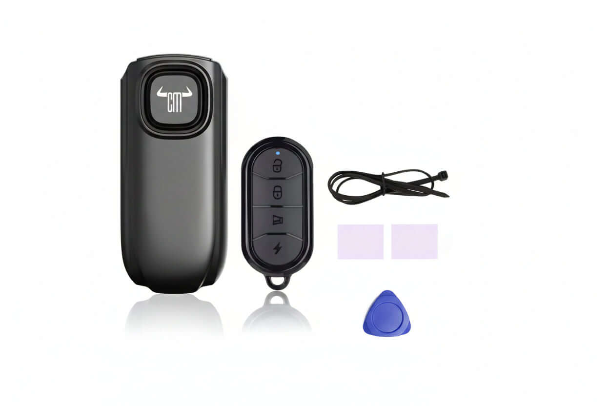 Kit completo de alarma para motocicleta con dispositivo, mando, cable USB, adhesivos y herramienta de instalación
