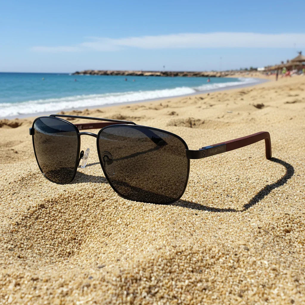 Gafas de sol Almadraba con patillas de madera grabadas - Vista frontal en arena de playa con lentes polarizadas