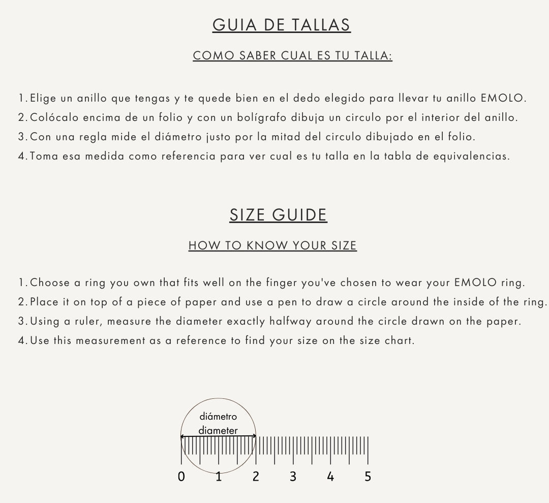 Guía de tallas anillo EMOLO, papel blanco con texto negro, instrucciones claras y concisas para medir diámetro.