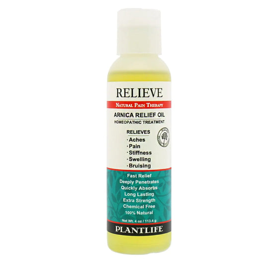 Bottle of yellowish Arnica Relief Oil with white cap, label features red and teal text detailing natural pain therapy.