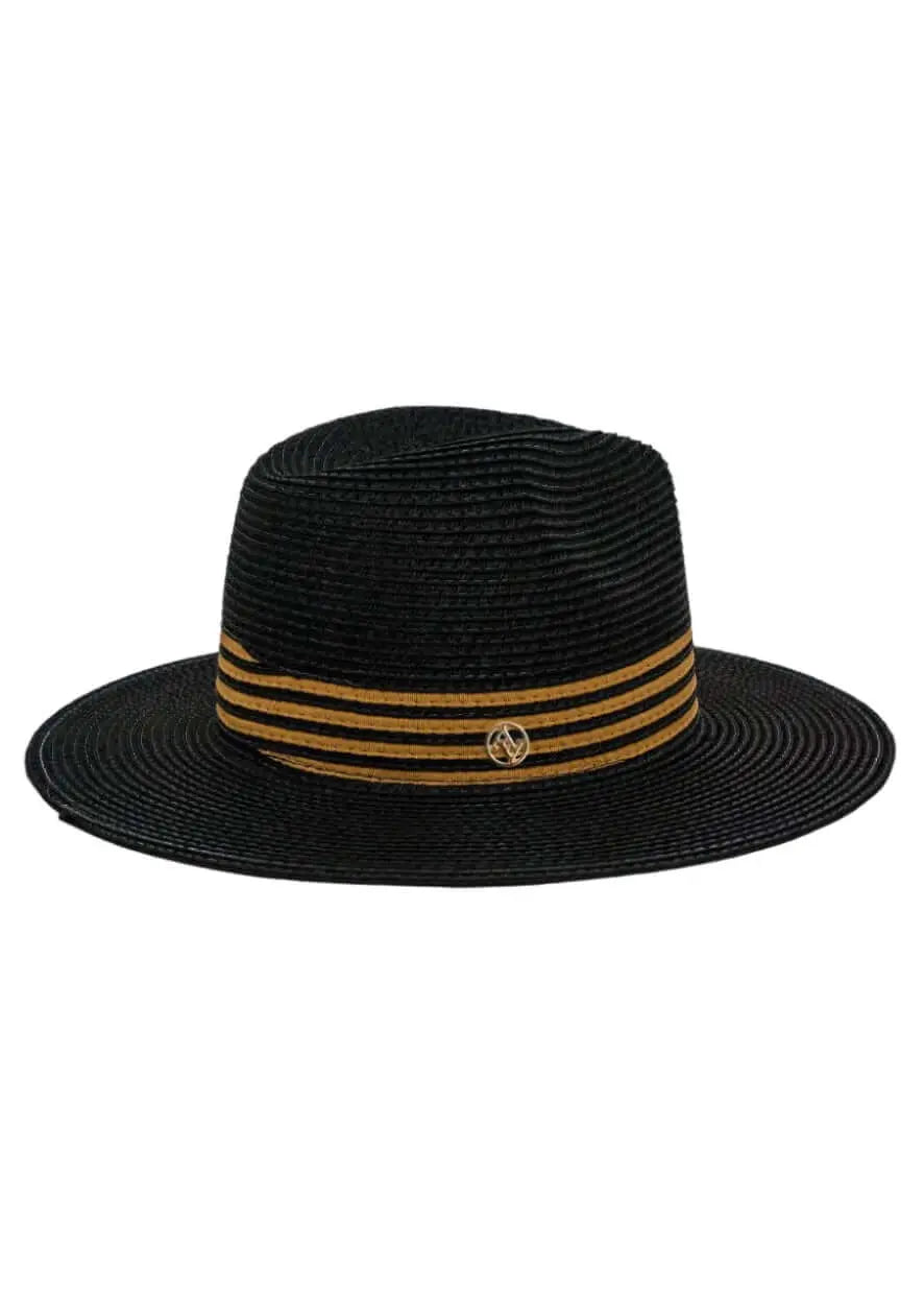 Black straw fedora with a flat crown, wide brim, and a tan striped hat band featuring a small gold circular logo.