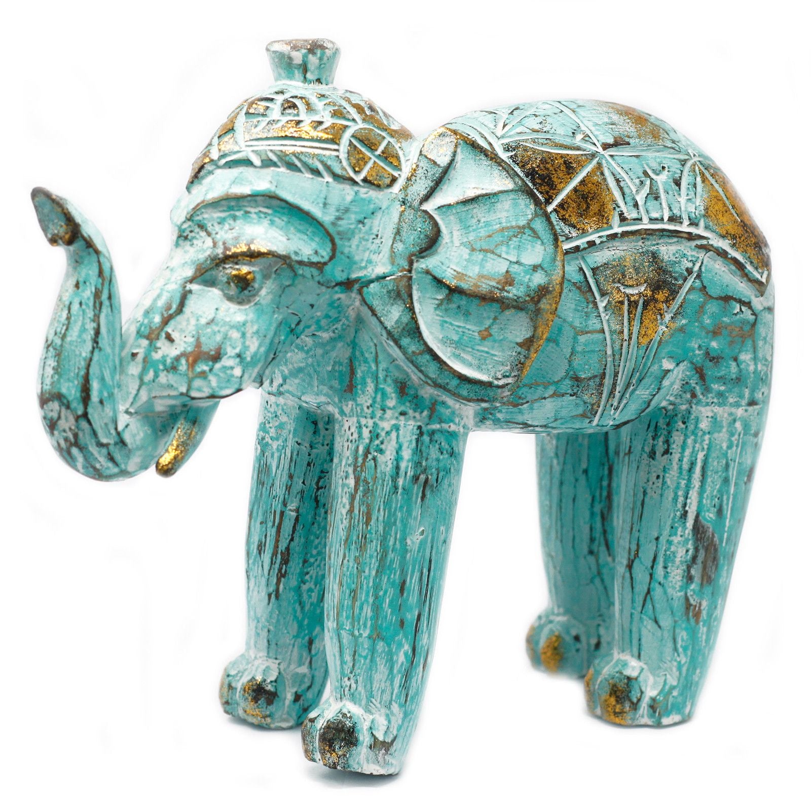 Elefante decorativo de resina en color azul turquesa con detalles dorados y acabado envejecido. Ideal para decoración.