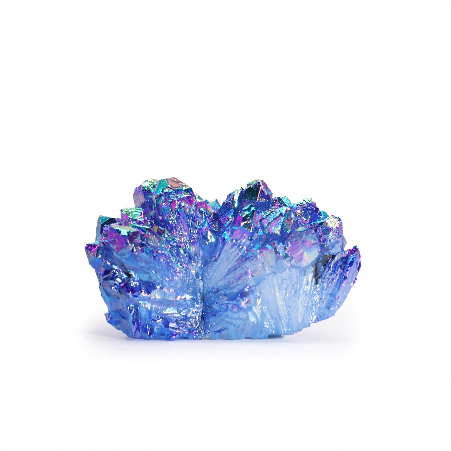 Cristal de cuarzo azul y morado, brillante y facetado, ideal para decoración y coleccionismo.