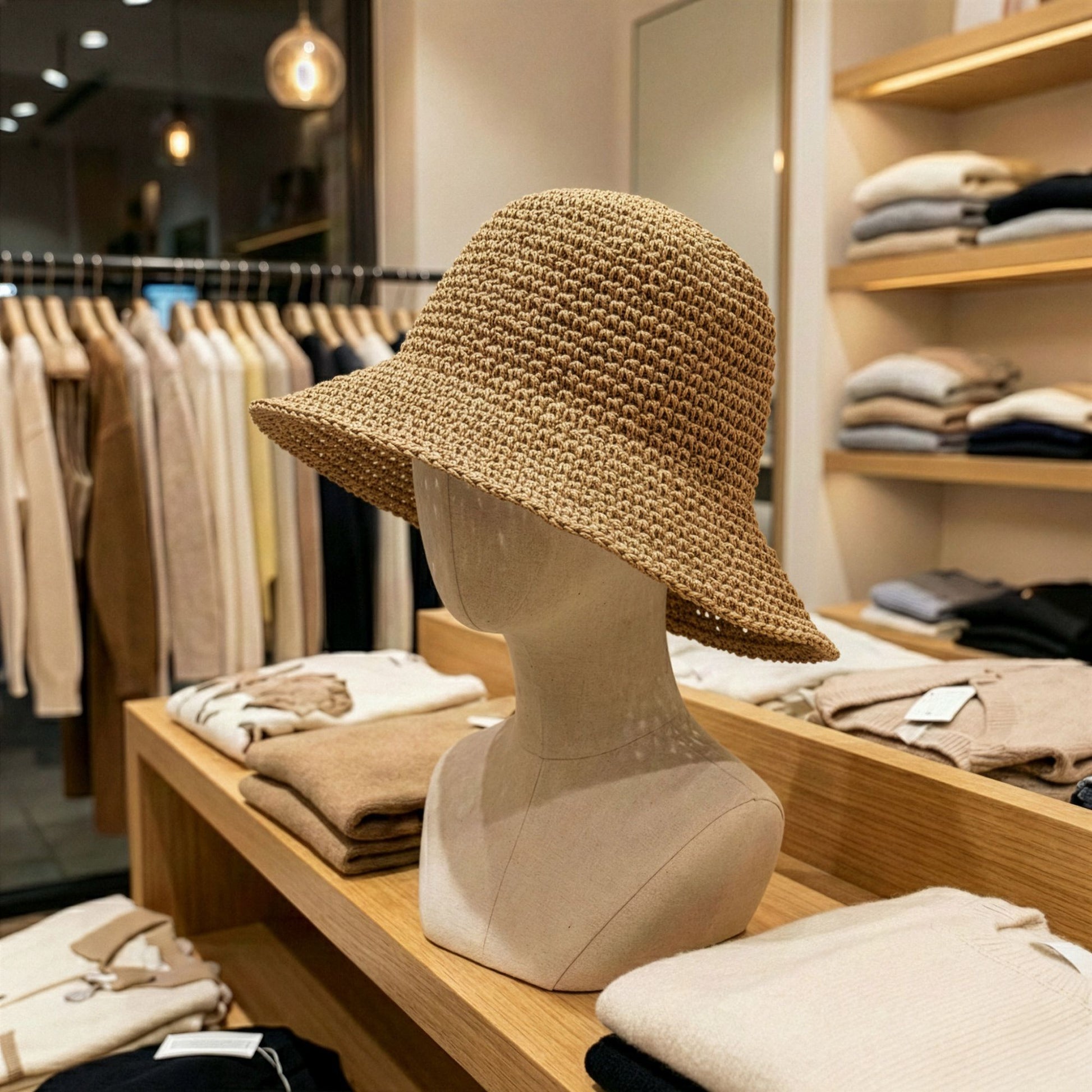Sombrero de paja trenzada color marrón claro en tienda de moda, ideal para estilo casual y verano.
