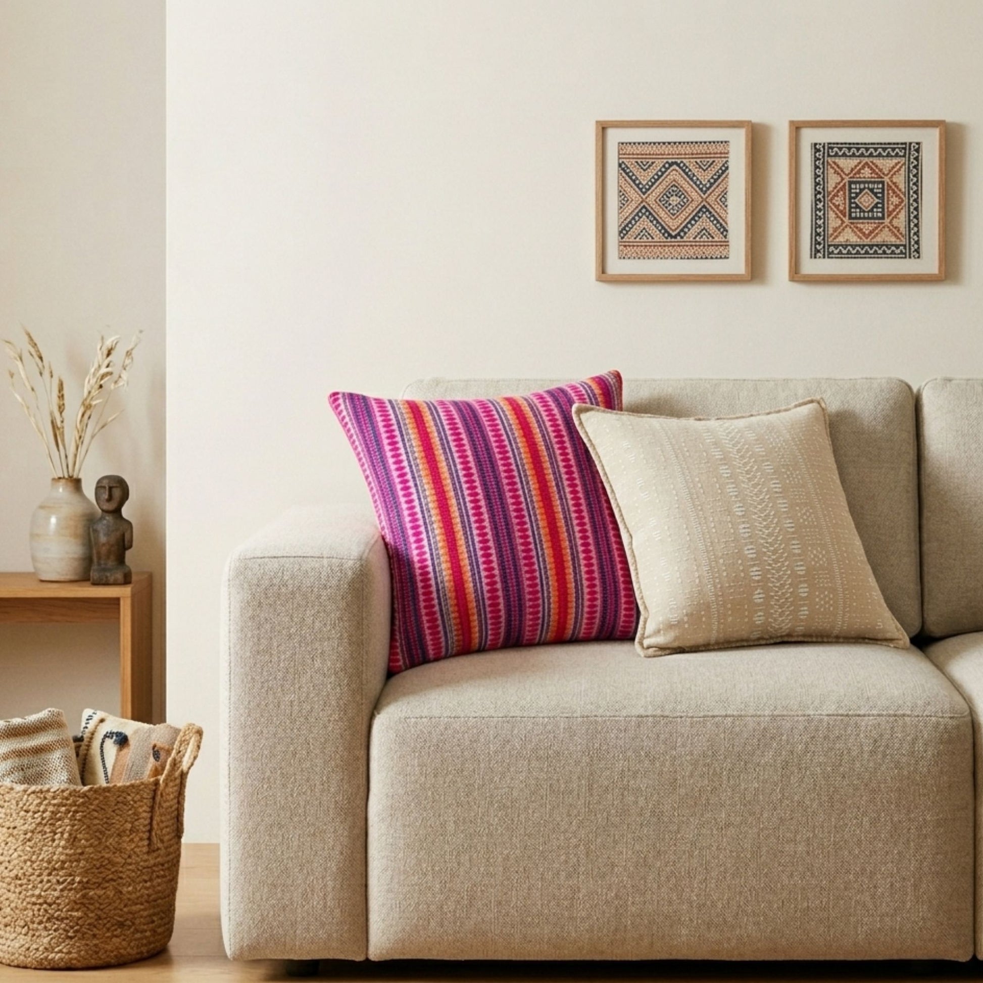 Cojines decorativos de colores rosa y beige sobre sofá gris claro en ambiente moderno y minimalista.