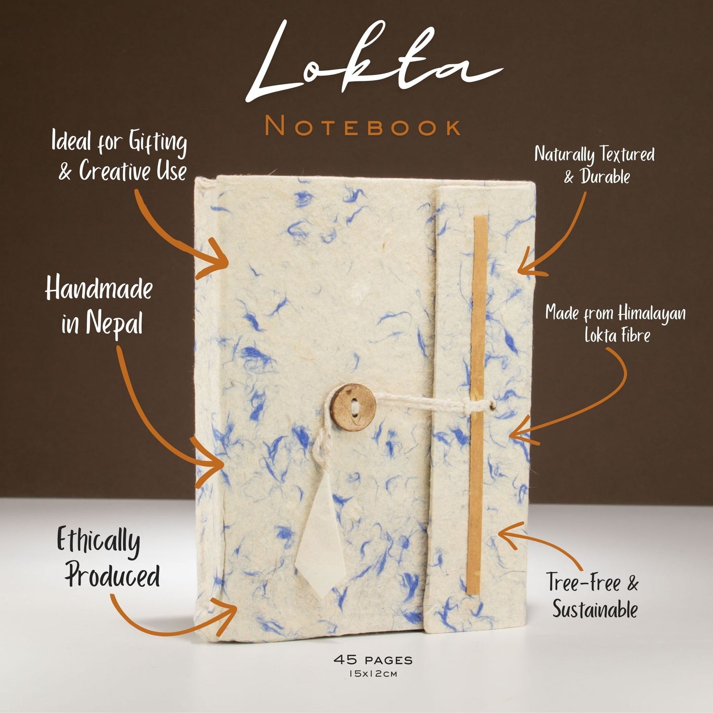 Cuaderno Lokta hecho a mano de fibra de Lokta, color crema con detalles azules, 45 páginas, ético y sostenible.