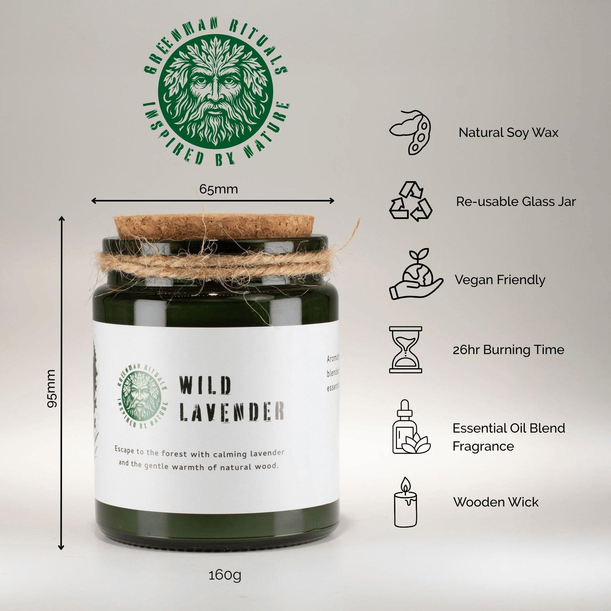 Vela aromática de lavanda natural, frasco de vidrio verde, mecha de madera, vegana, 26 horas de duración.