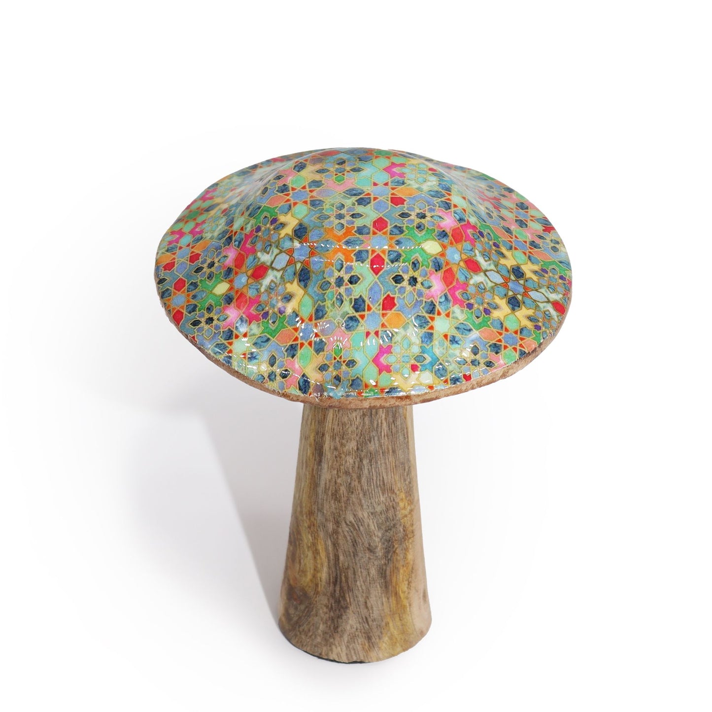 Taburete decorativo de cerámica multicolor con base de madera, diseño mosaicado y estilo bohemio.