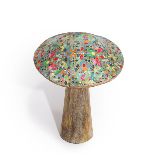 Taburete decorativo de cerámica multicolor con base de madera, diseño mosaicado y estilo bohemio.