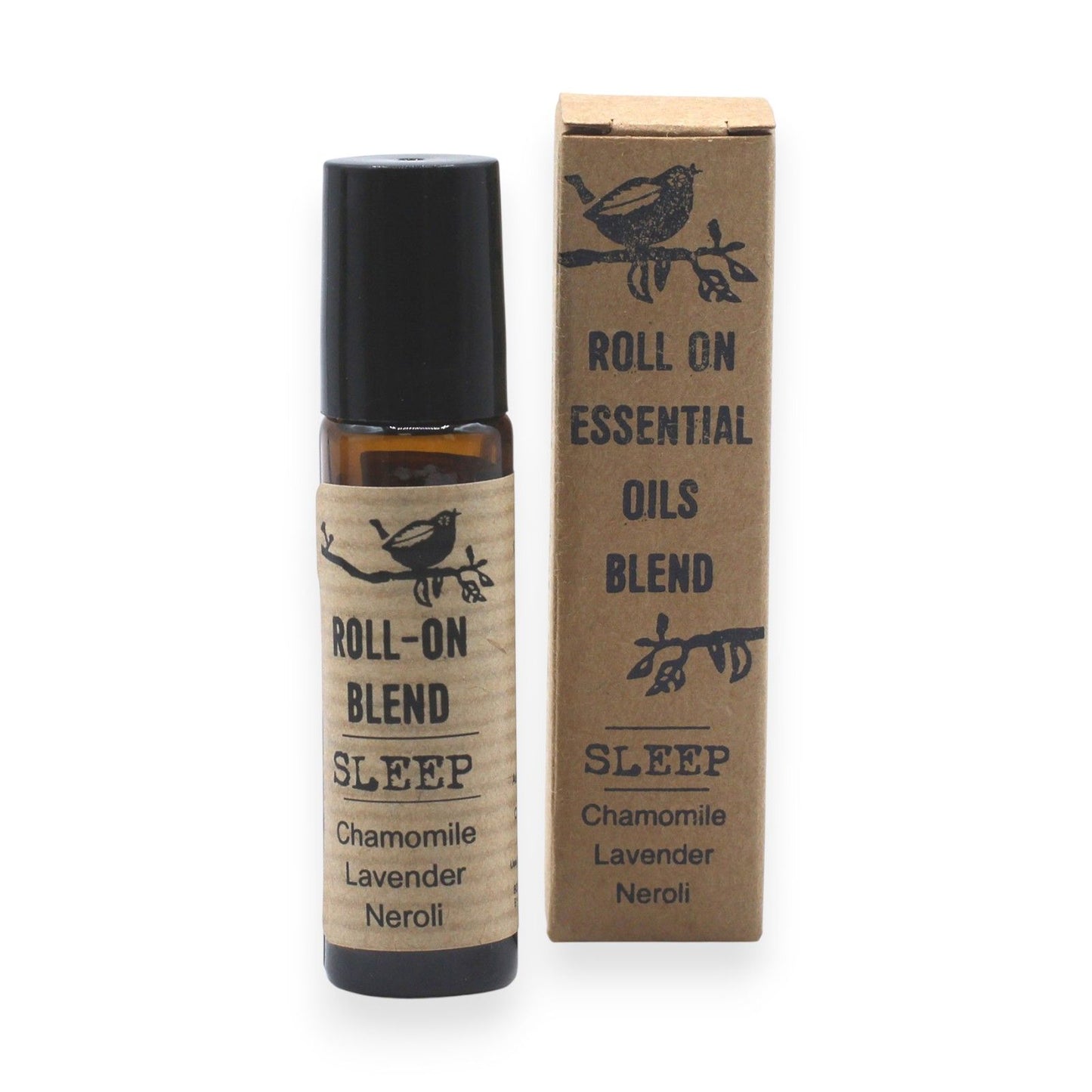 Aceite esencial roll-on con caja de cartón reciclado y etiqueta de estilo rústico y natural con diseño de pájaro.