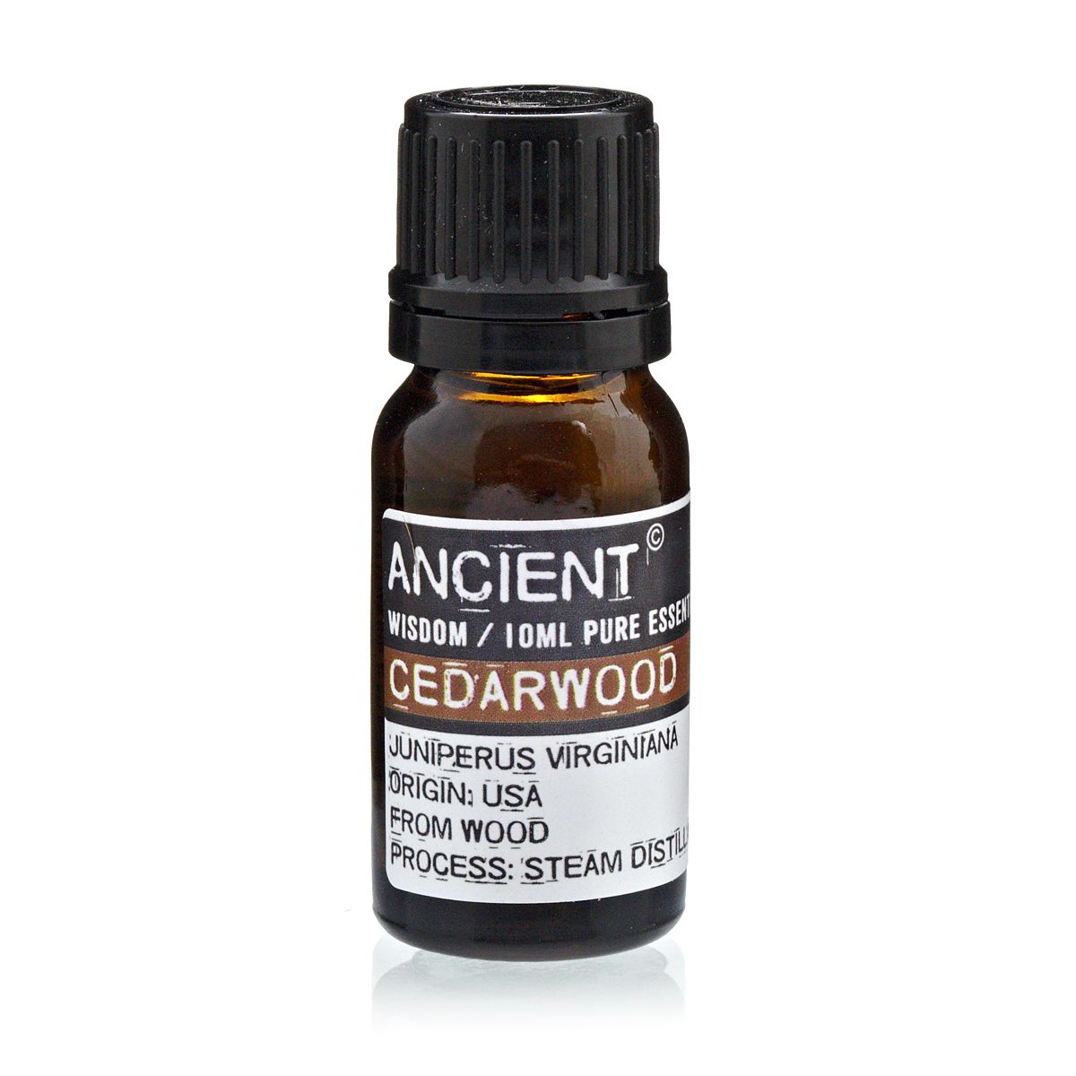 Aceite esencial de madera de cedro, 10 ml, destilado al vapor, botella de vidrio ámbar, aroma terroso y cálido.