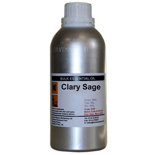 Botella de aceite esencial de salvia clara, 500 ml, color plateado con etiqueta blanca y negra. Ideal para aromaterapia.