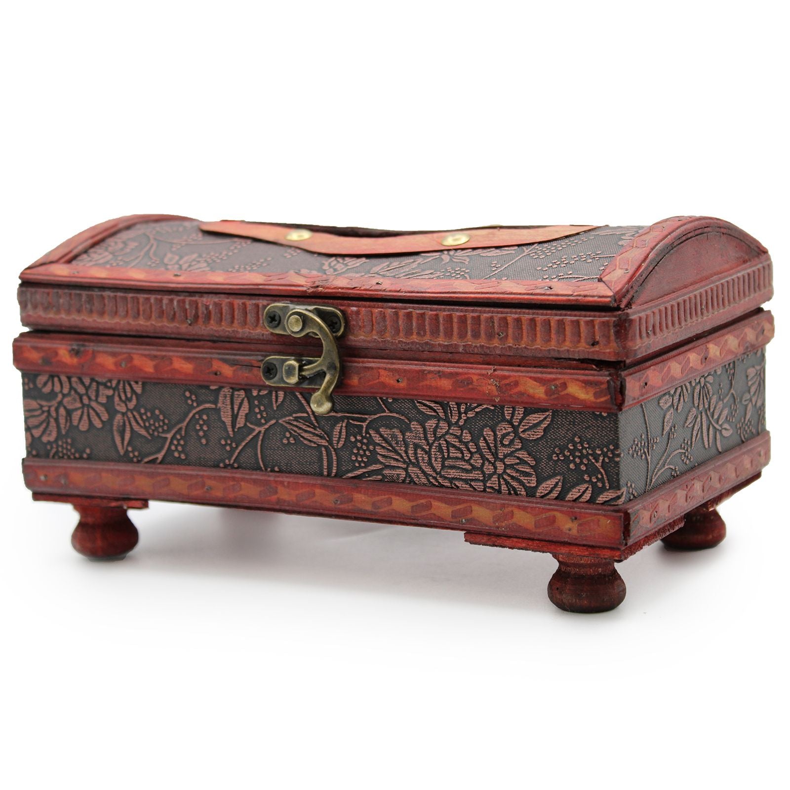 Caja de madera decorativa con grabados florales en tonos rojos y negros, estilo vintage, con cierre metálico.