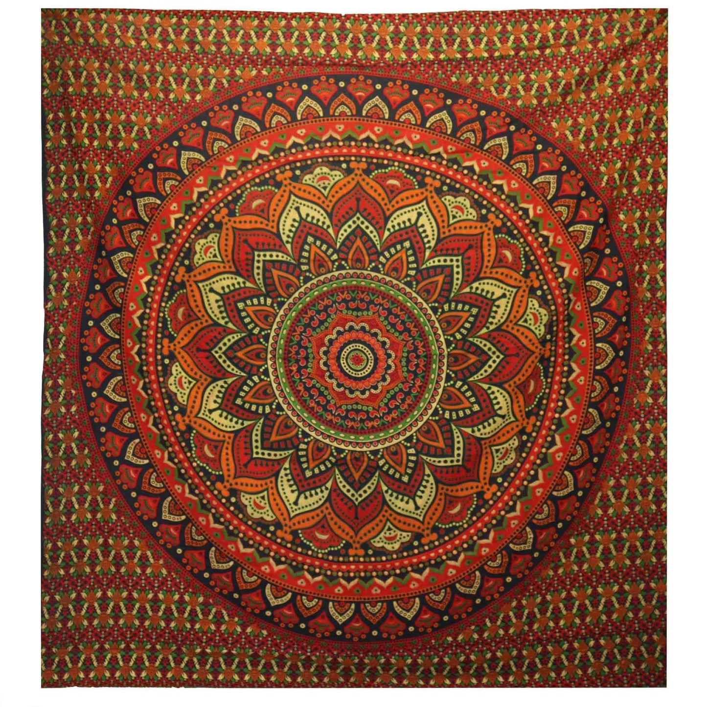 Tapiz mandala multicolor en tonos rojos, amarillos y verdes, de algodón, estilo bohemio, decorativo y vibrante.