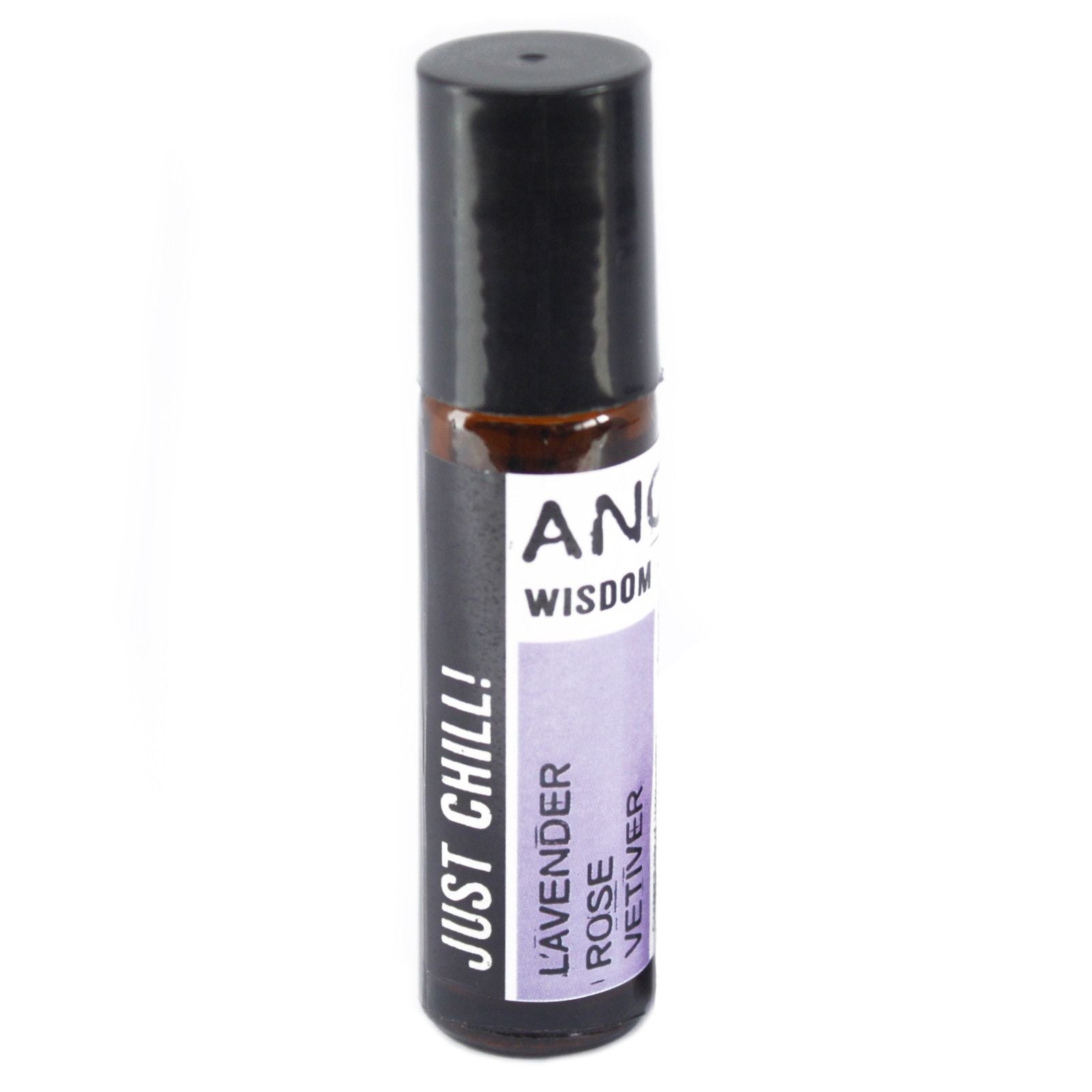Aceite esencial "Just Chill!" en roll-on, con lavanda, rosa y vetiver, envase marrón oscuro con etiqueta morada.