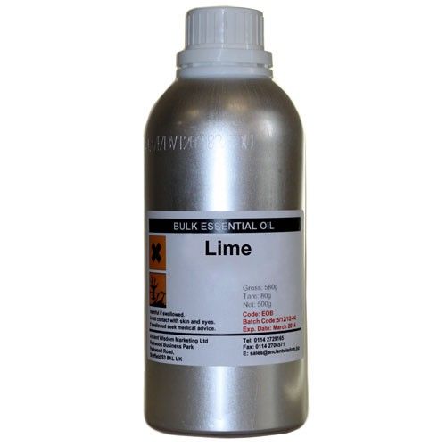 Aceite esencial de lima en frasco de aluminio plateado, 500 ml, ideal para aromaterapia y cosmética.