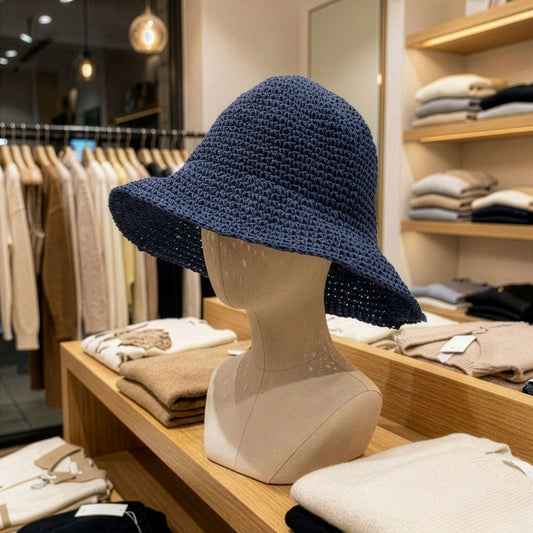 Sombrero de pescador azul marino, tejido de punto, estilo bohemio, ideal para moda veraniega.